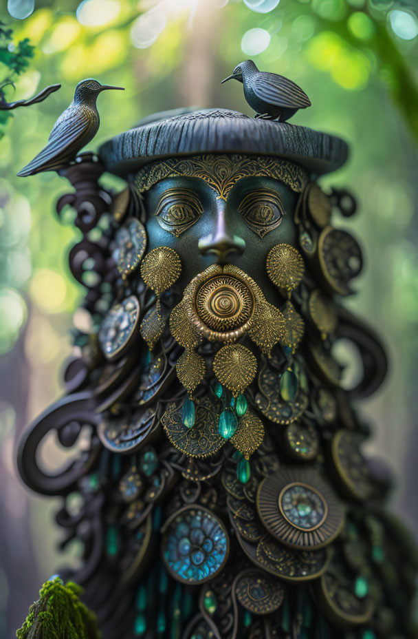 Intricate human head sculpture with teal gems in forest setting