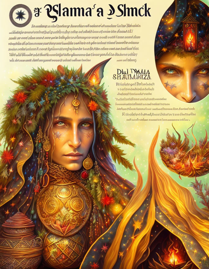 Illustration of woman adorned with cosmic and nature elements.