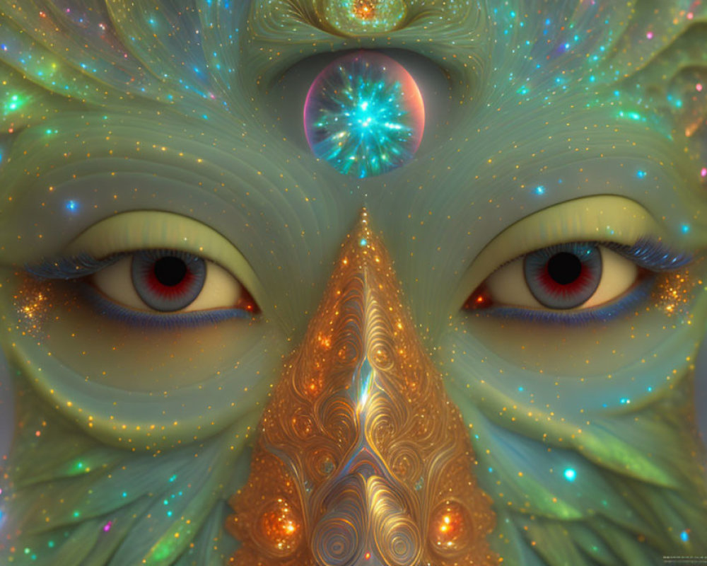 Fractal face with hypnotic eyes and radiant orb in surreal image