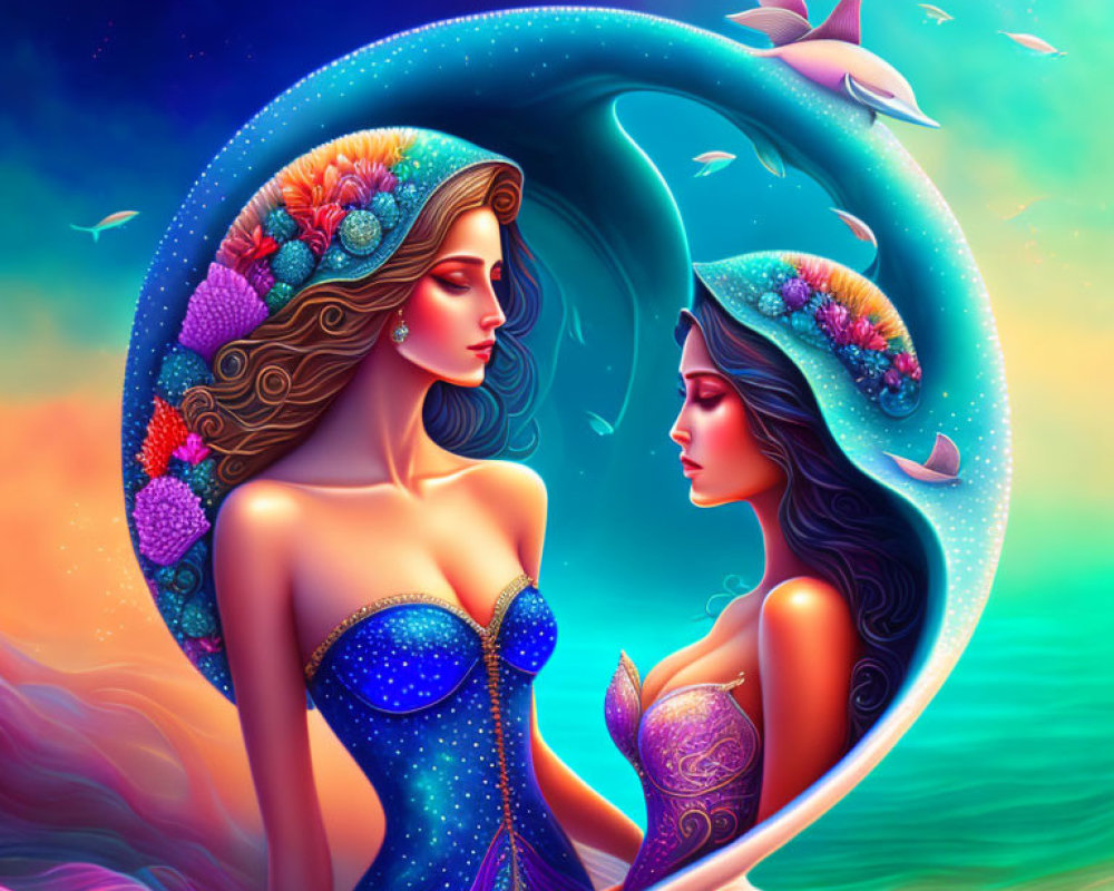 Stylized women in crescent moon frame with flowers and stars