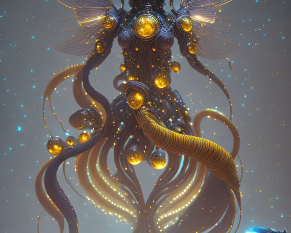 Surreal artwork of ethereal figure with tentacles and orbs in cosmic setting