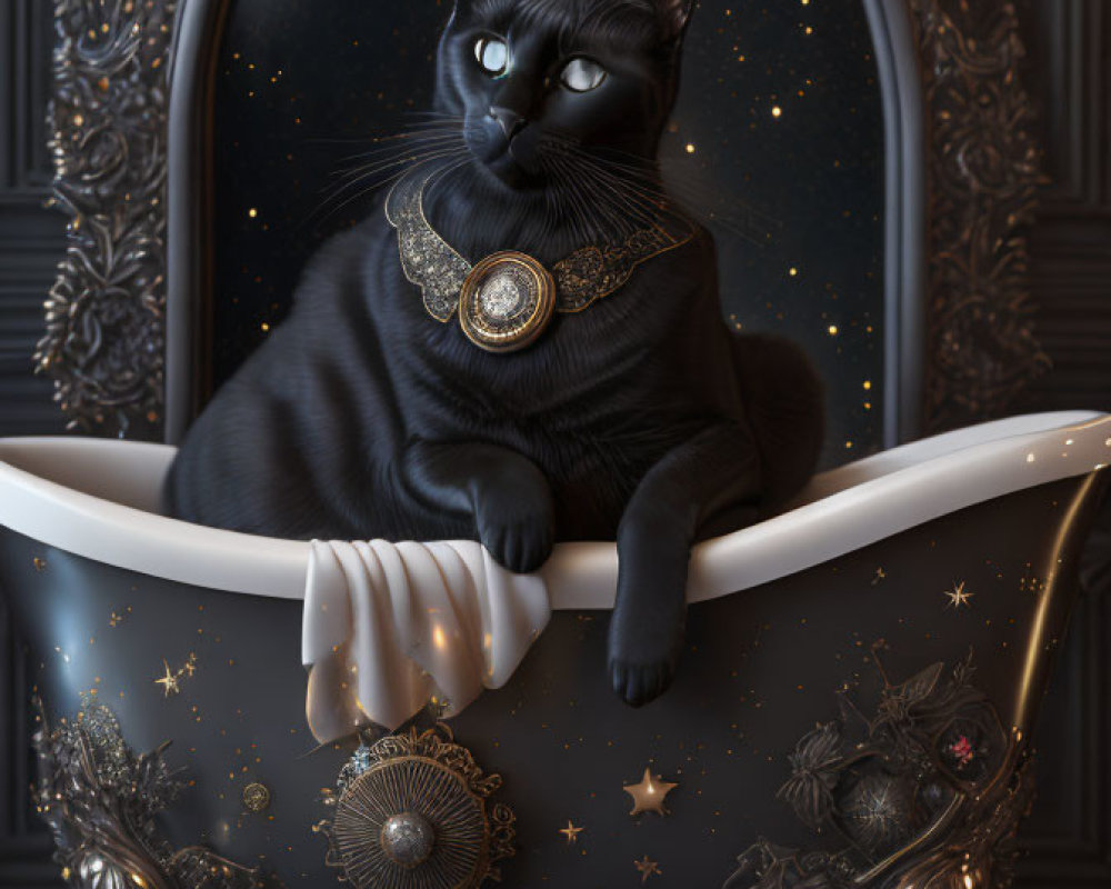 Black Cat with Gold Pendant in Luxurious Bathtub with Starry Designs