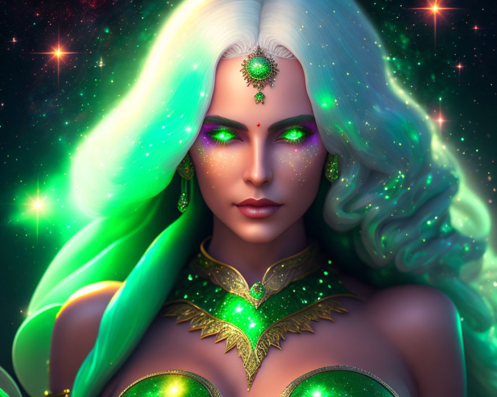 Luminescent woman with green eyes and hair in starry setting