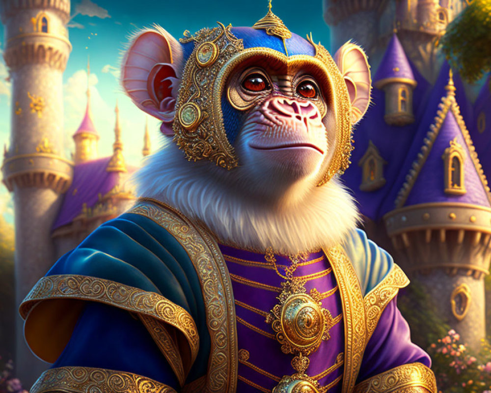 Regal monkey in golden crown and jewelry at fairy-tale castle sunset