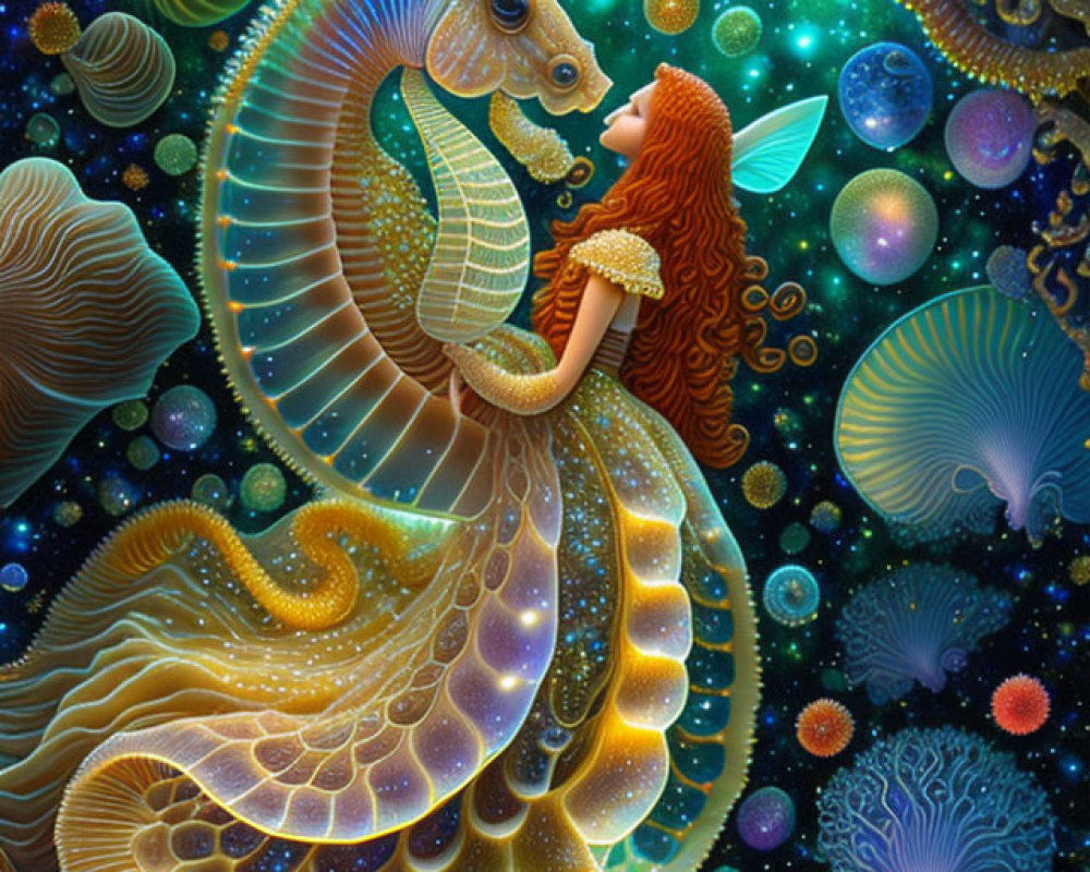 Vibrant underwater illustration of red-haired woman with seahorse