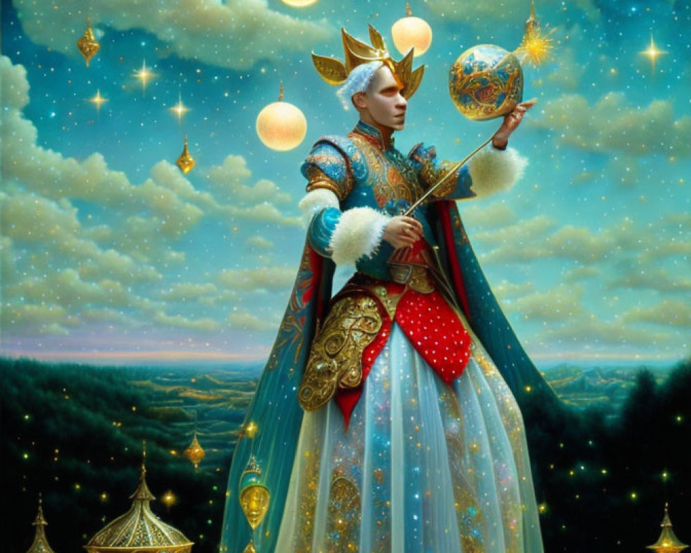 Regal figure in gold and blue robes surrounded by celestial orbs