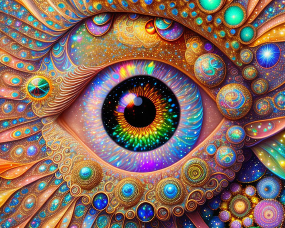 Colorful psychedelic eye illustration with intricate patterns and cosmic elements