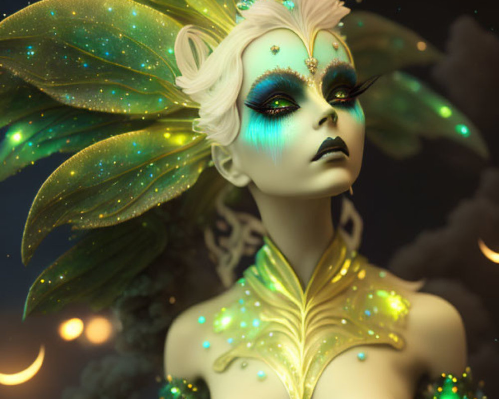 Fantasy art: Female figure with green wings and celestial makeup