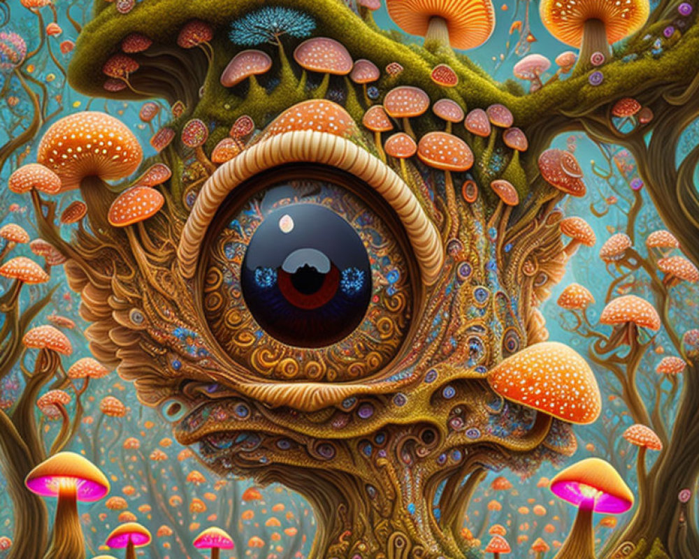 Vibrant surreal forest with central eye, colorful mushrooms, twisted branches