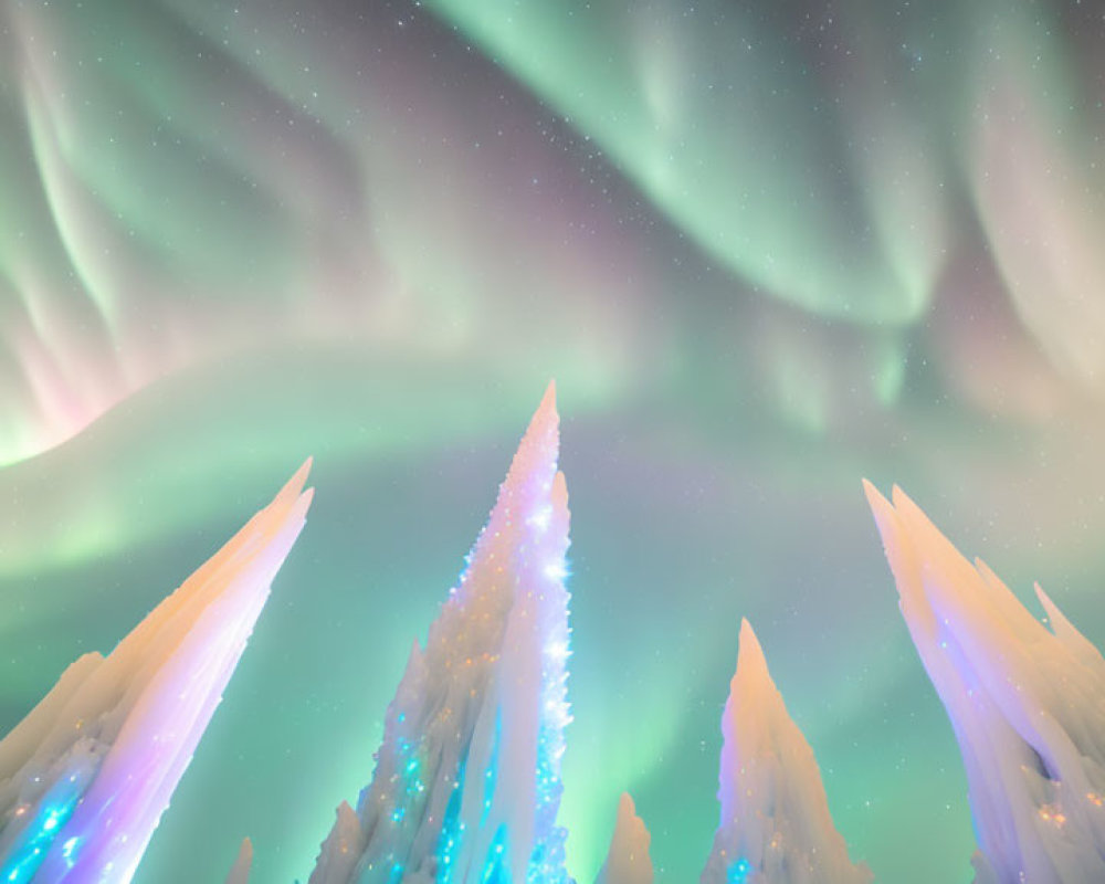 Vibrant green aurora borealis over glowing ice formations