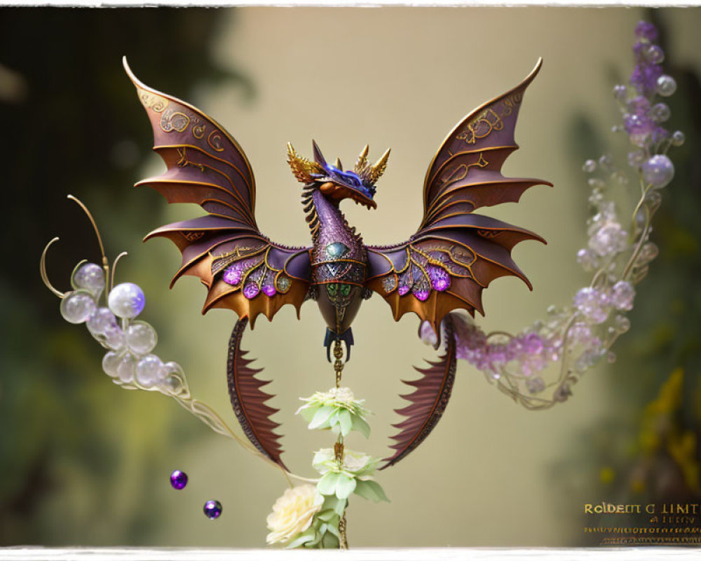 Intricate jewel-toned dragon sculpture on flowering stem in soft-focus background