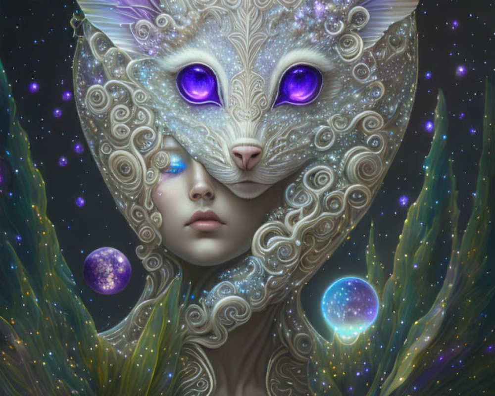 Person in ornate cat mask amid cosmic backdrop with stars and celestial orbs.