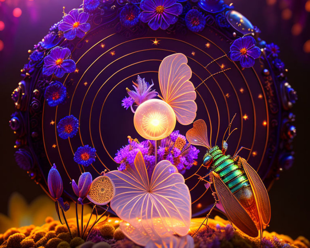 Colorful beetle and mystical flowers in cosmic circle art.