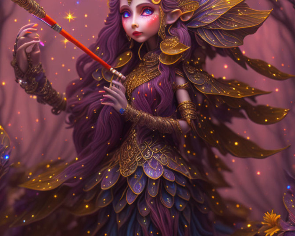 Fantasy character with purple hair and golden armor holding a staff