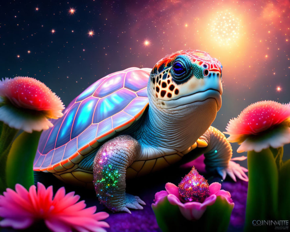 Colorful Glowing Turtle in Night Sky with Flowers