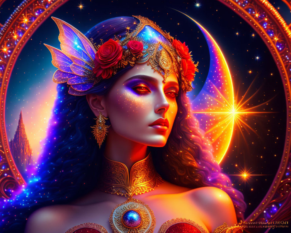 Colorful digital artwork: Woman with gold jewelry and butterfly crown in cosmic setting.