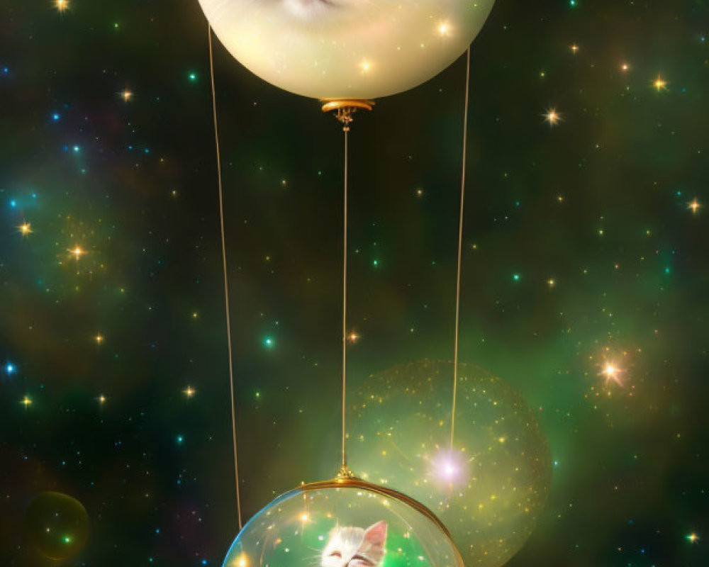 Whimsical digital artwork: Cat-faced hot air balloon with white cat in gondola