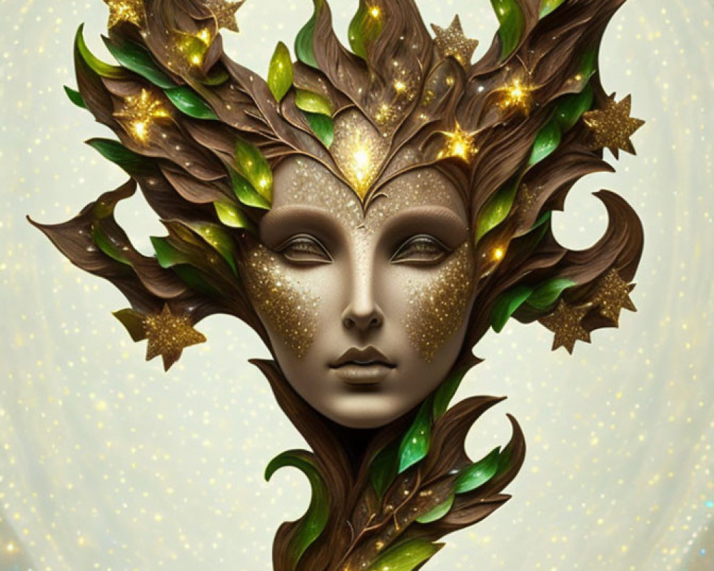 Fantasy illustration of a nature deity with leafy and starry adornments