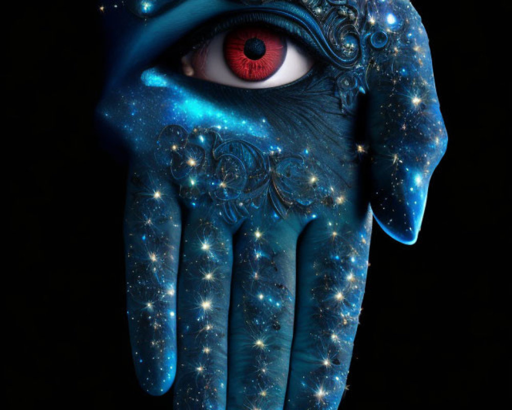 Cosmic-themed body art of eye on hand with galactic design