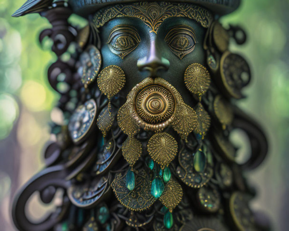 Intricate human head sculpture with teal gems in forest setting