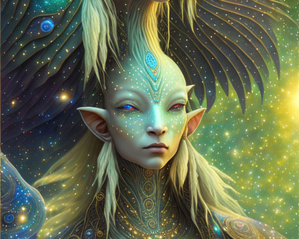 Ethereal alien beings with blue skin and golden adornments in cosmic setting