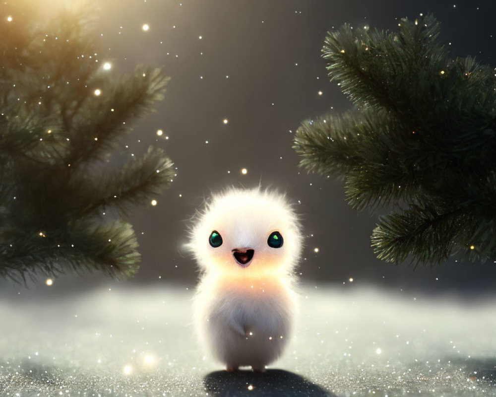 Fluffy creature with big eyes in snowy landscape surrounded by pine trees