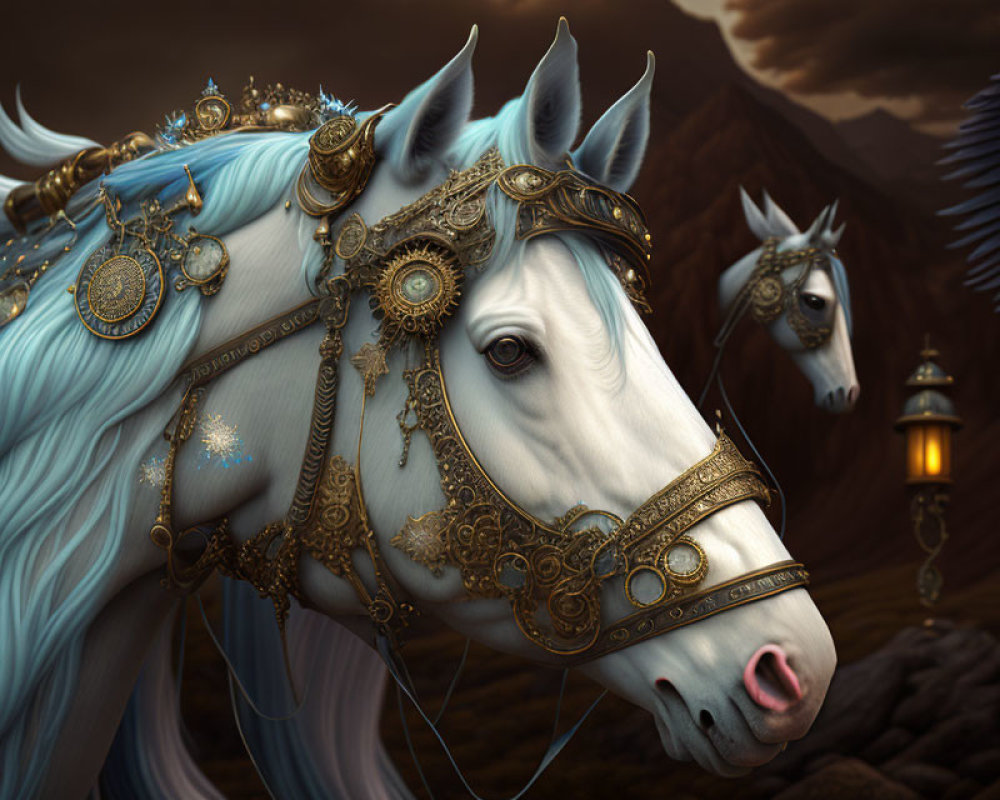 White horse with blue mane and golden bridle in mountainous setting.