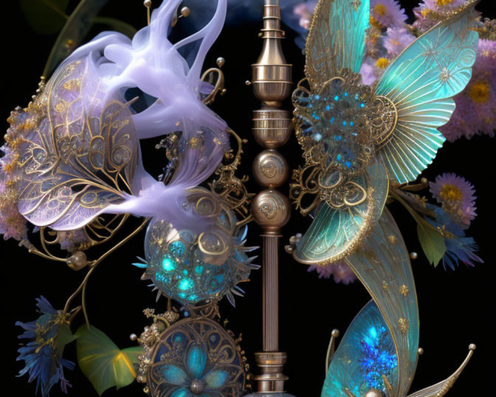 Intricate Butterfly and Floral Motif Hookah Emitting Smoke