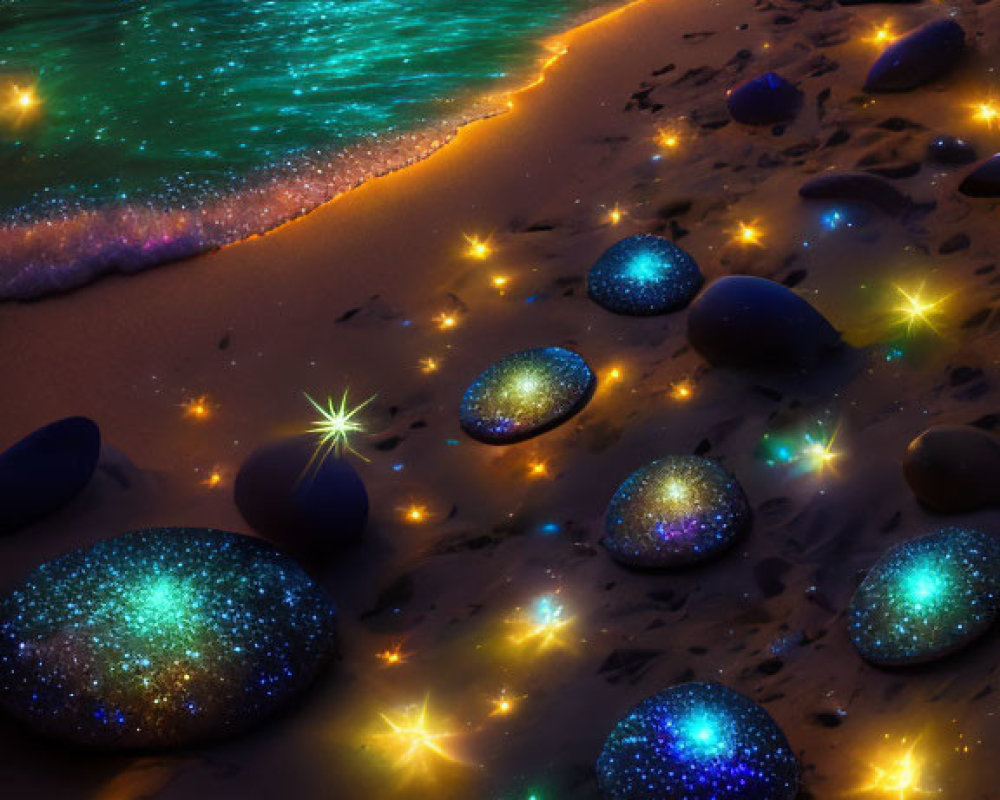 Night Beach Scene: Sparkling Stones, Celestial Colors, Starry Sky