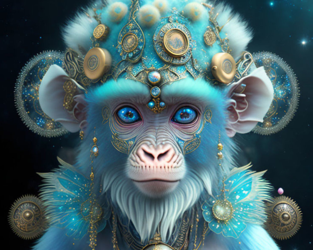 Mythical blue fur monkey with gold jewelry on starry background