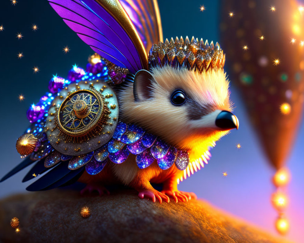 Fantastical jewel-encrusted hedgehog with purple wings and golden accents on twilight background