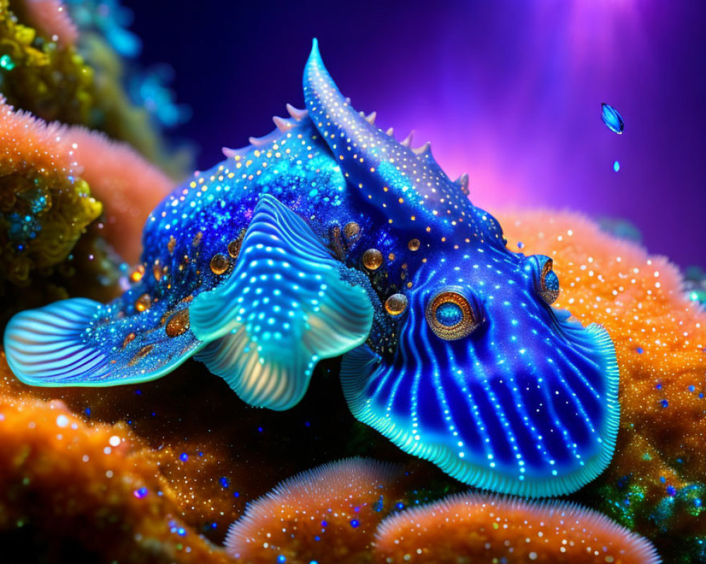 Colorful nudibranch on orange coral in purple-tinted water