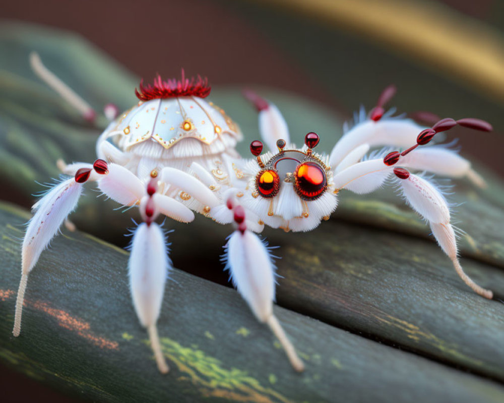 Fantastical white crab with multiple eyes and feather-like appendages on green surface