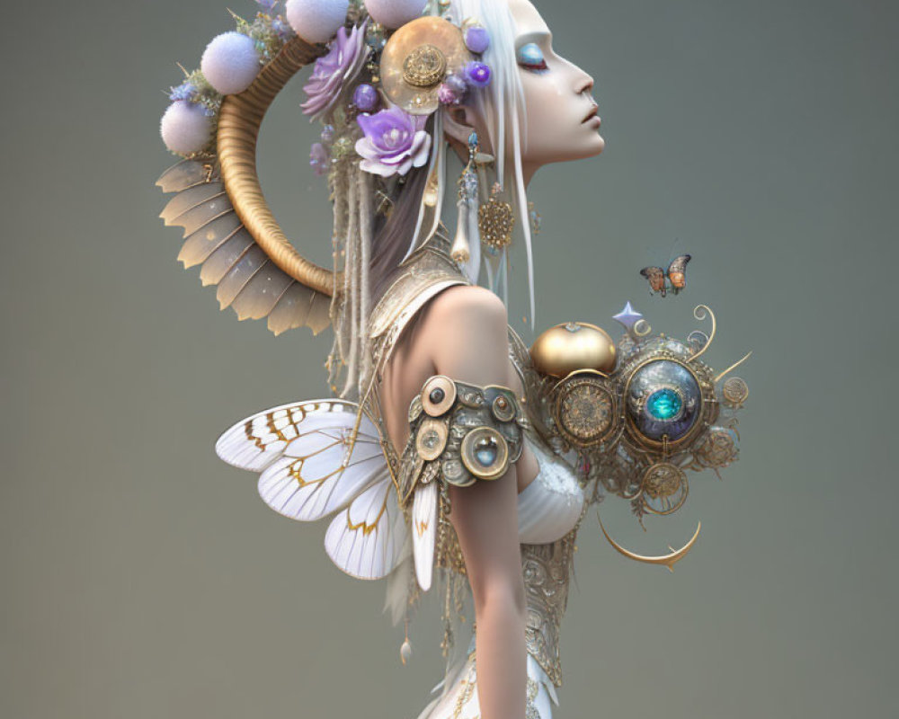 Fantasy-themed digital art of a female figure with ornate jewelry and mechanical wings