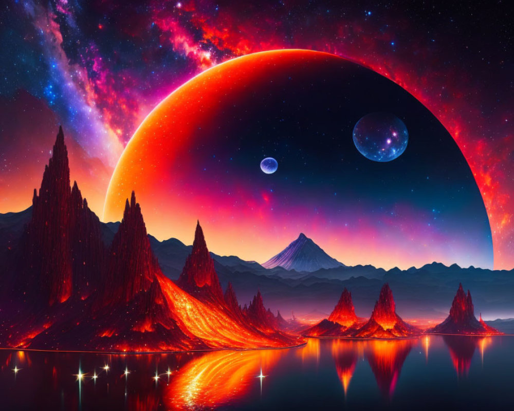 Fantastical landscape with glowing nebula sky and reflective lake