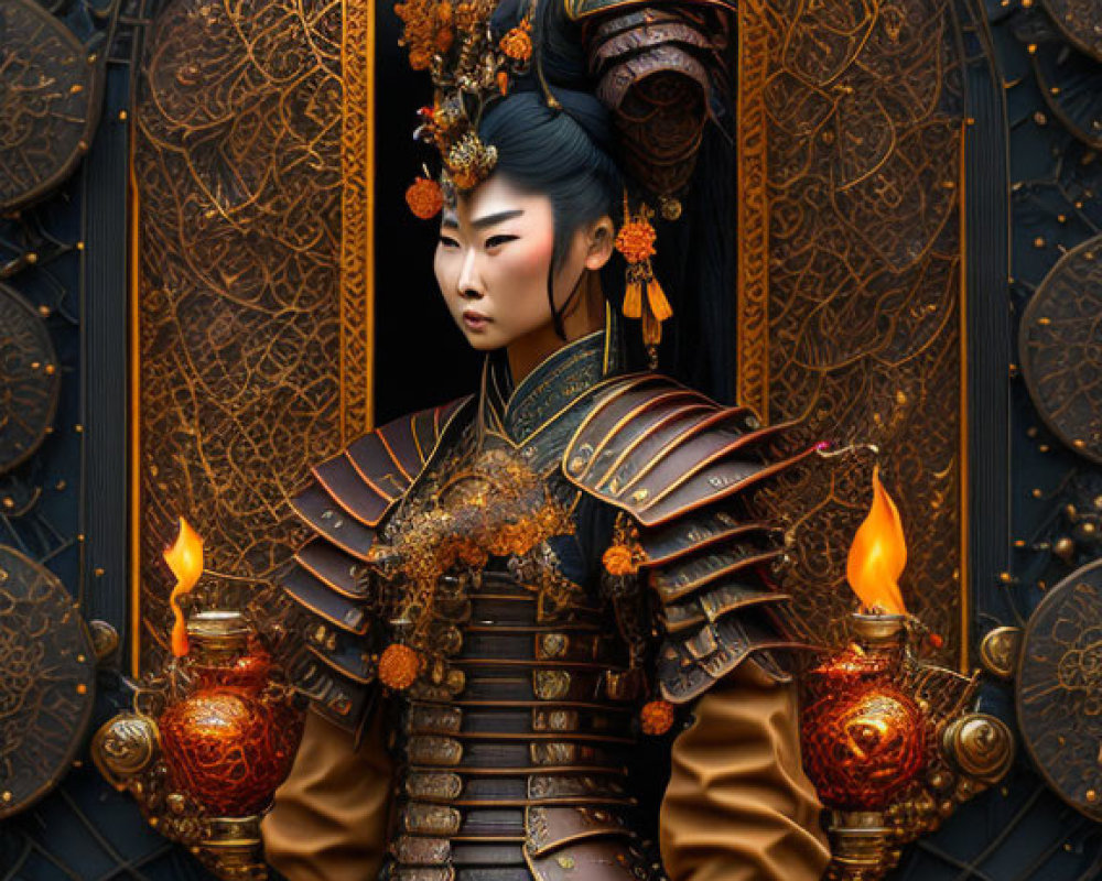 Digital Artwork: Traditional Japanese Armor Characters in Ornate Design