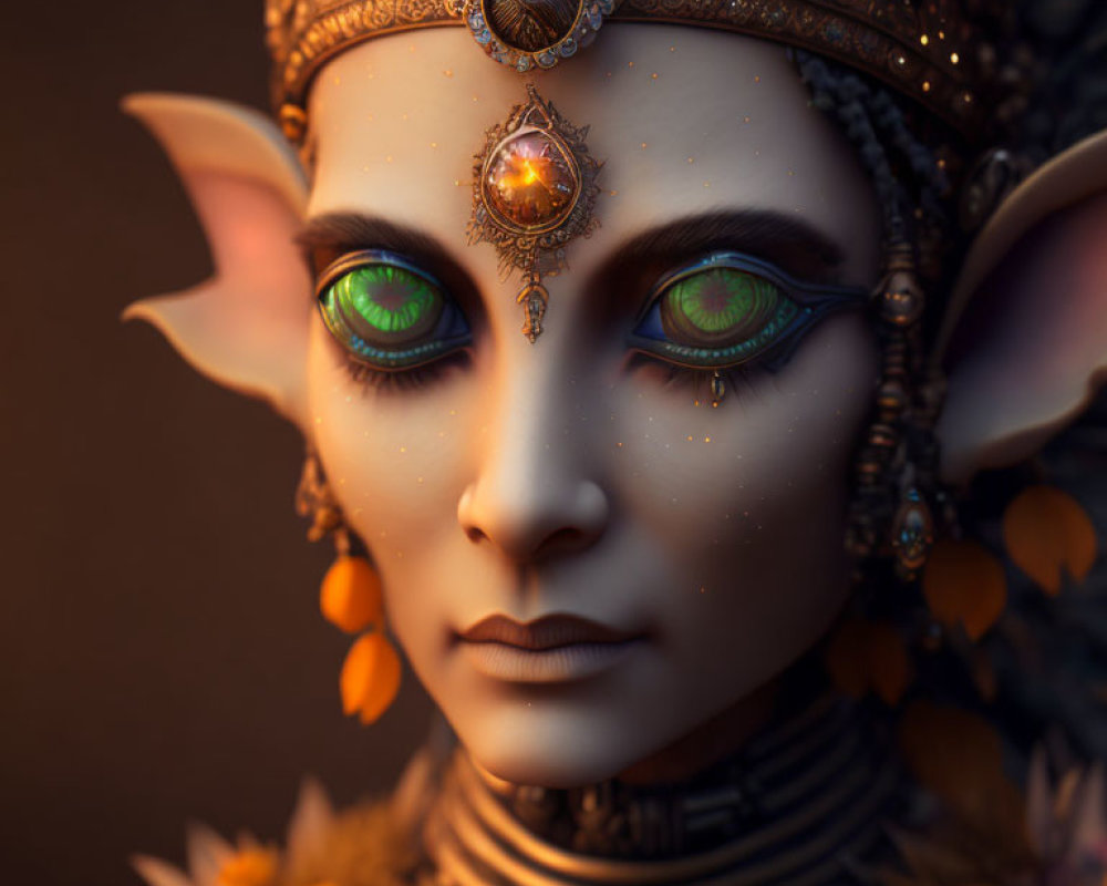 Fantasy elf with green eyes, jewelry, and autumn leaves on dark background