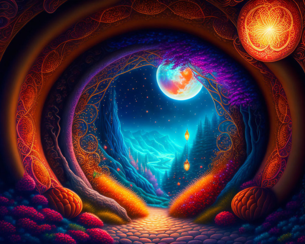 Fantasy landscape with starry night sky, moon, tunnel, trees, and foliage