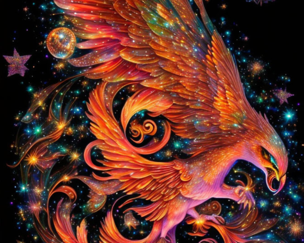 Colorful Phoenix Artwork in Cosmic Setting