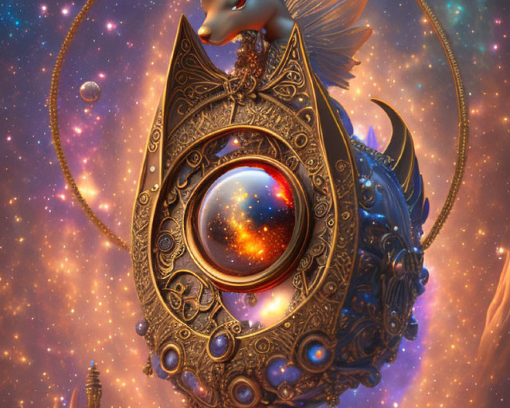 Mystical goat-headed figure with metallic ornaments in celestial sphere and starry nebula sky