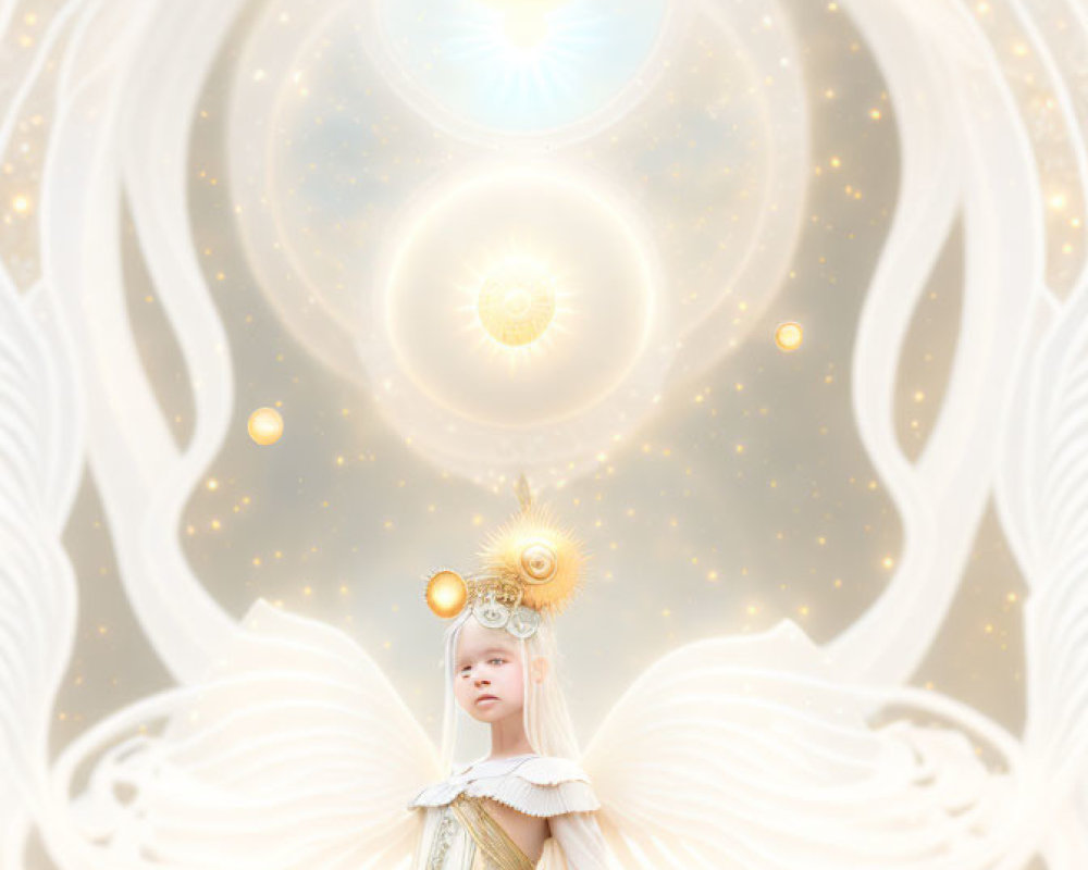 Celestial figure in ornate headdress and robes within glowing portal