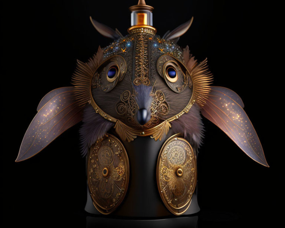 Steampunk owl sculpture with metallic feathers and golden patterns