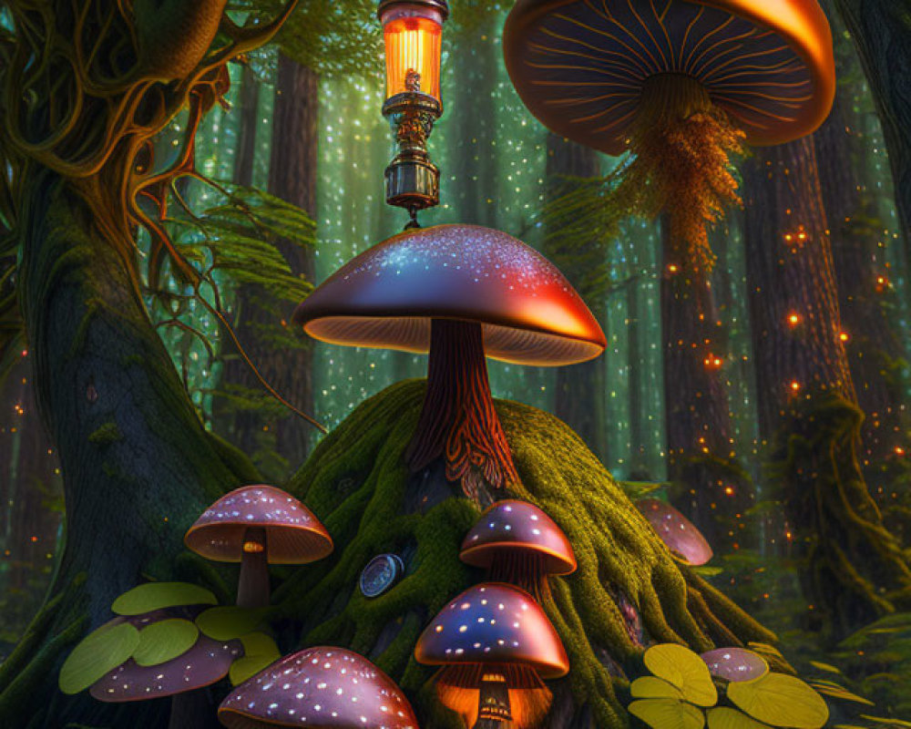 Enchanted forest with oversized glowing mushrooms and lantern lighting