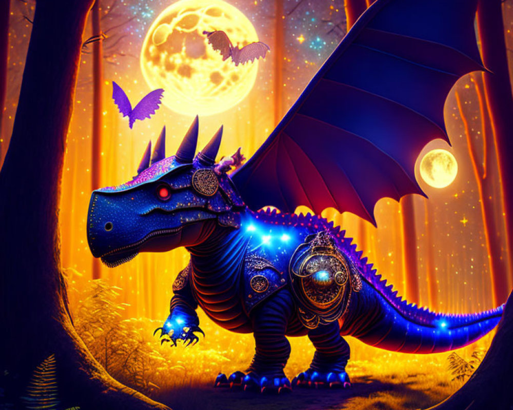 Blue Armored Dragon in Mystical Forest with Full Moon and Stars