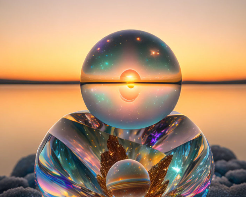 Faceted crystal ball reflects sunset over water in tranquil twilight scene