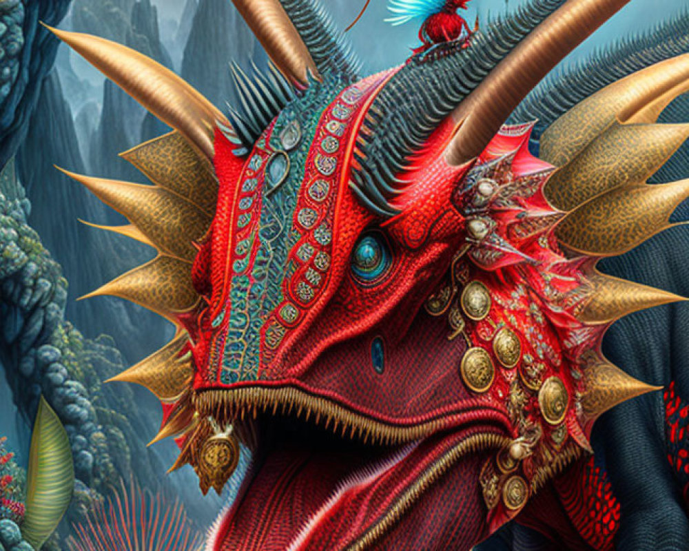 Colorful fantasy dragon with intricate horns and detailed scales in surreal landscape