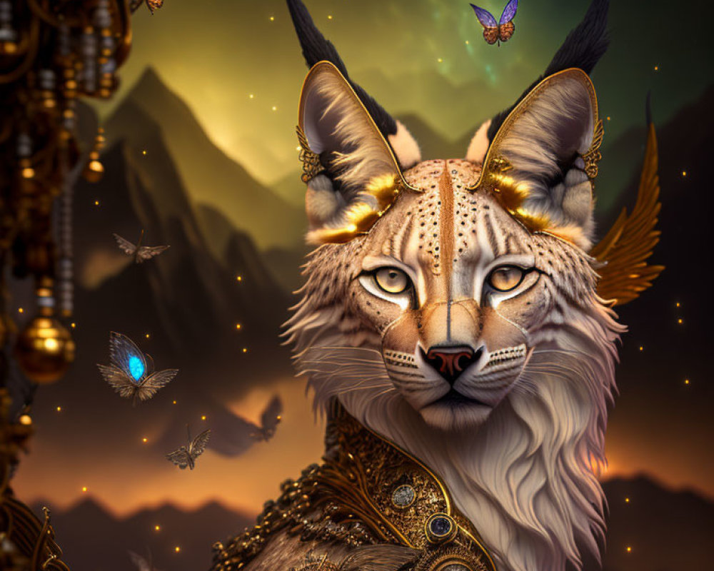 Majestic lynx with golden adornments and butterflies in mountain setting