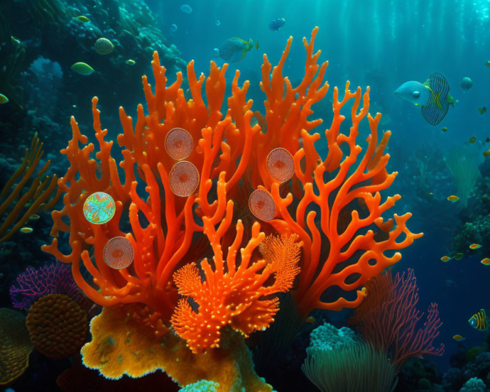 Colorful underwater coral reef with tropical fish and sunlight beams.