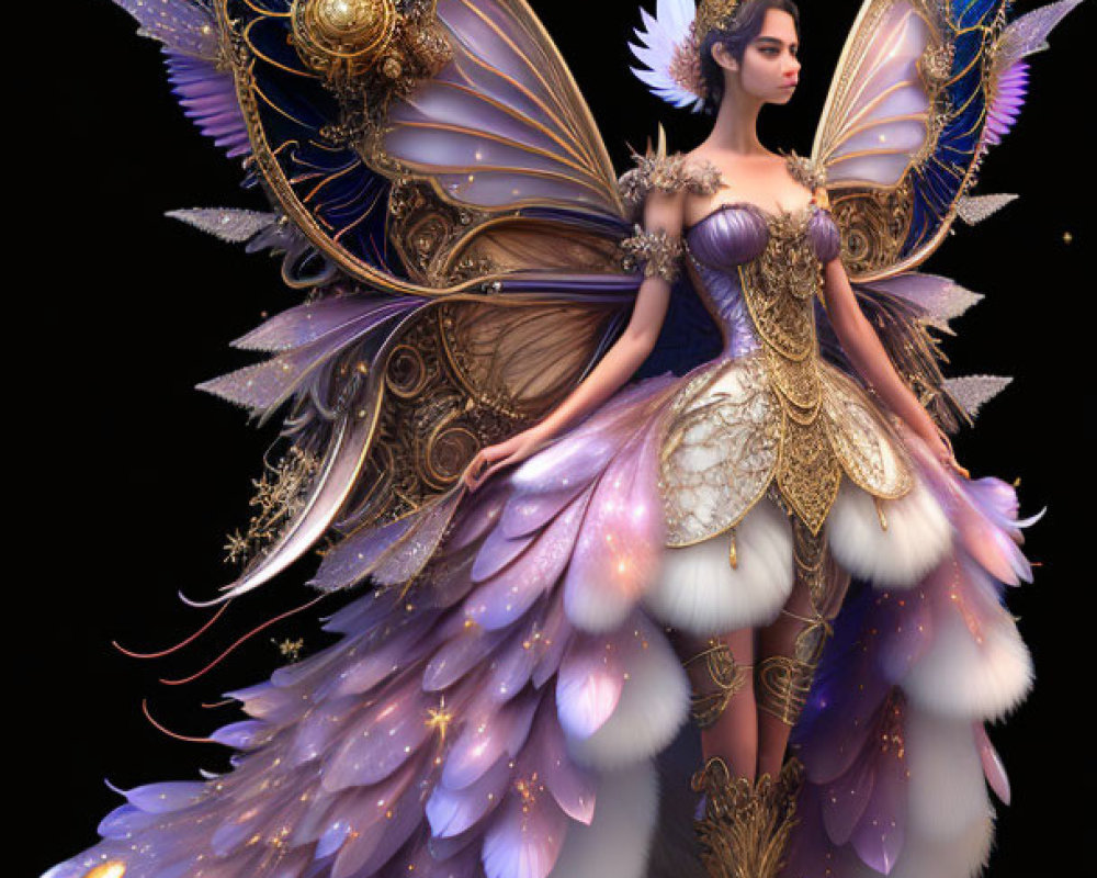 Ethereal figure with mechanical wings in fantasy dress against starry backdrop