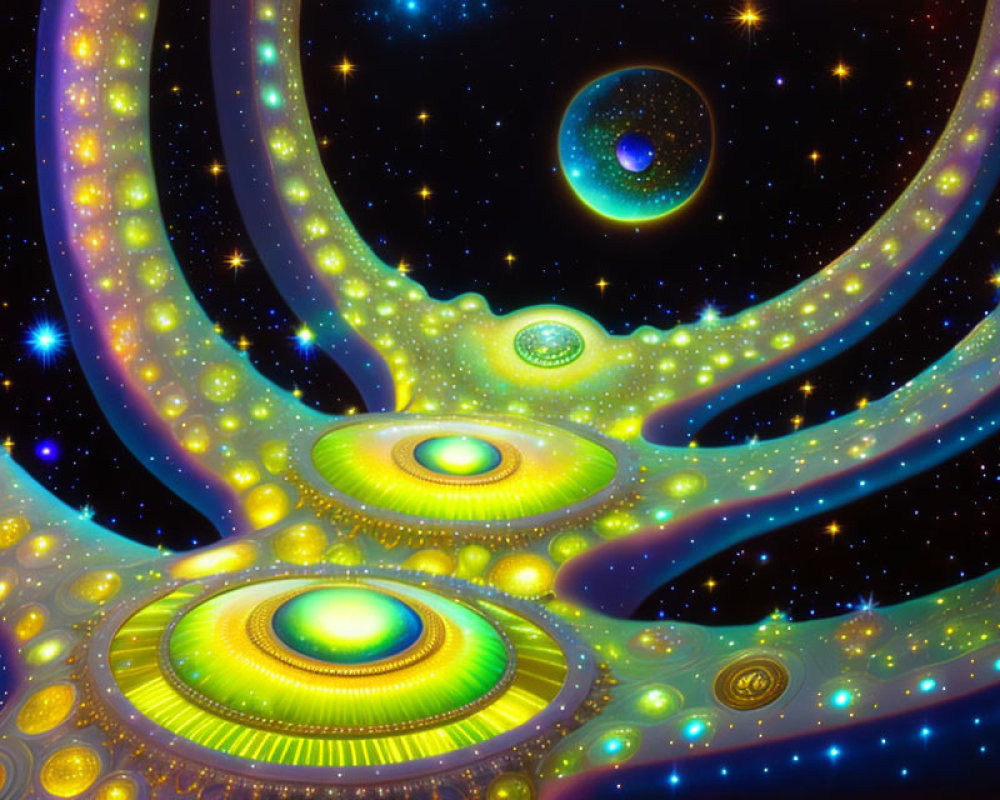 Colorful Abstract Digital Art: Swirling Galactic Forms & Bright Stars